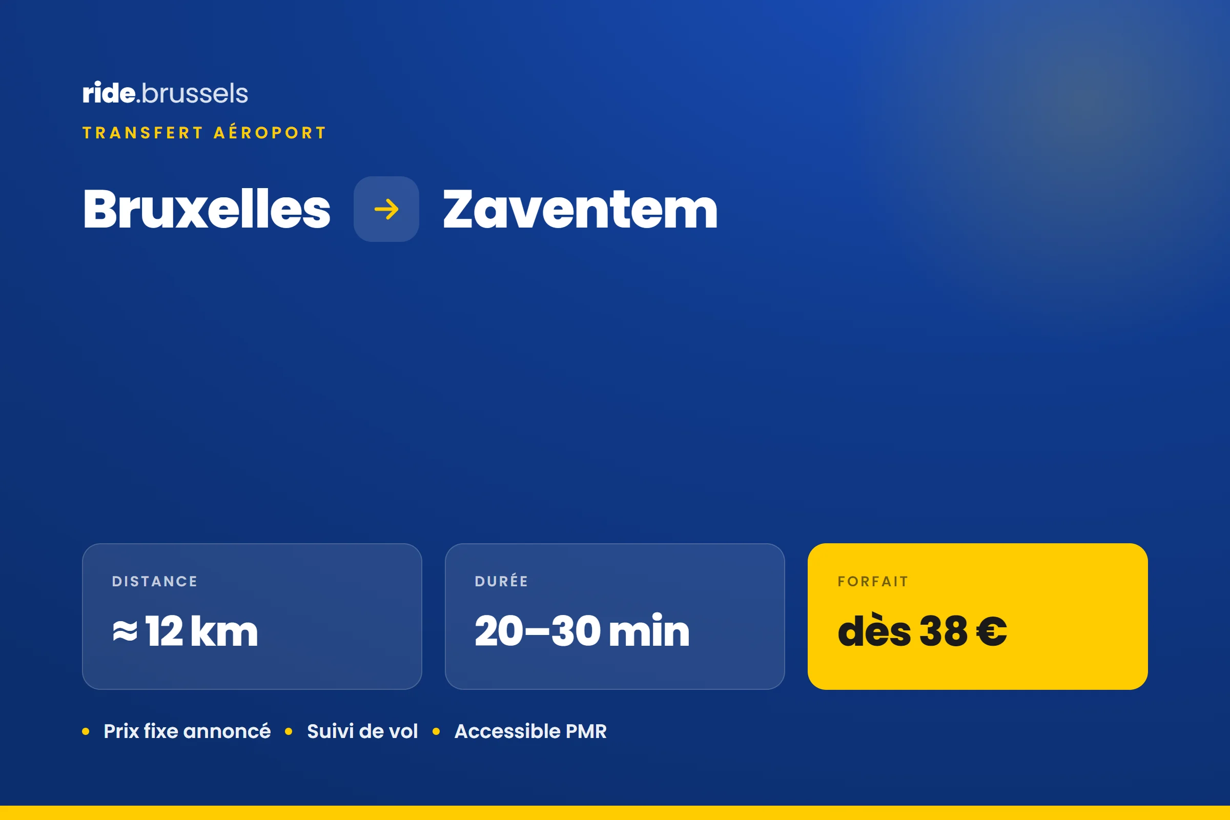 Forfait taxi Bruxelles vers aéroport de Zaventem : dès 38 €, environ 12 km, 20 à 30 minutes, prix fixe annoncé