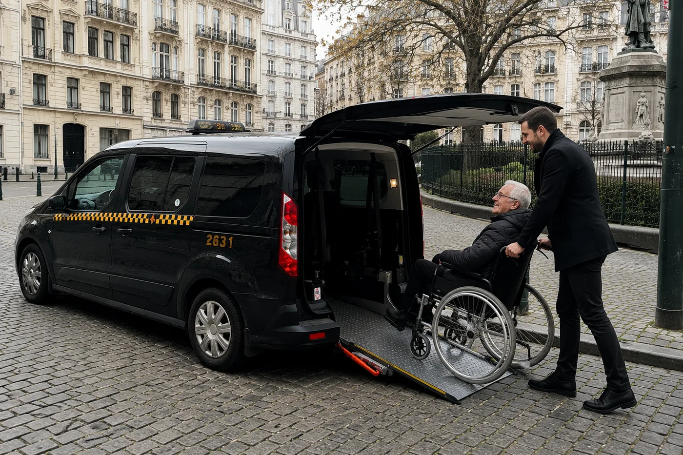 Chauffeur de taxi PMR à Bruxelles aidant un client en fauteuil roulant à embarquer via la rampe d'accès